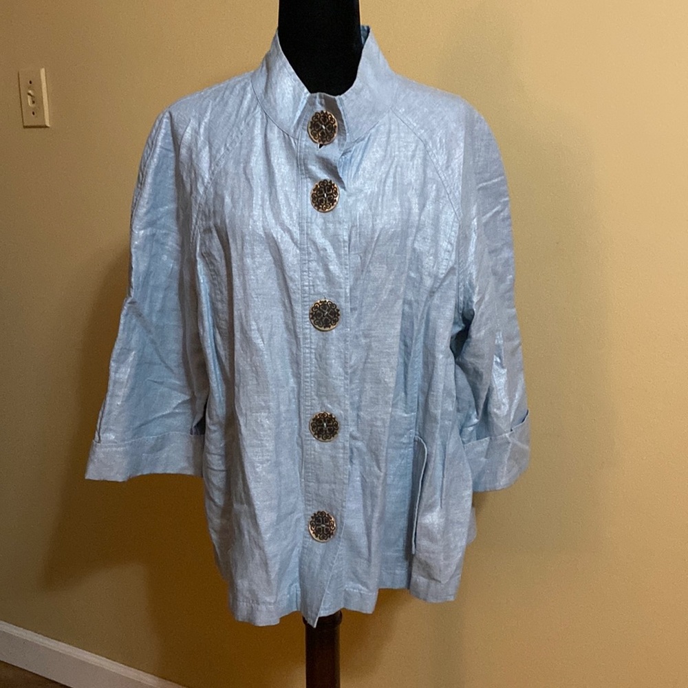 CHICO'S Novelty Shine Novella Western Jacket Top Linen Jumbo Buttons sz 3/XL
